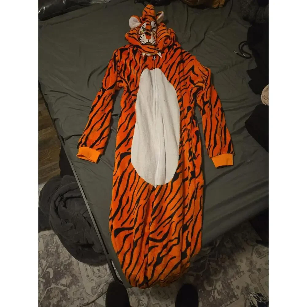 Vibrant Tiger Plush Hooded One-Piece Costume Pajamas Size M - Picture 1 of 5